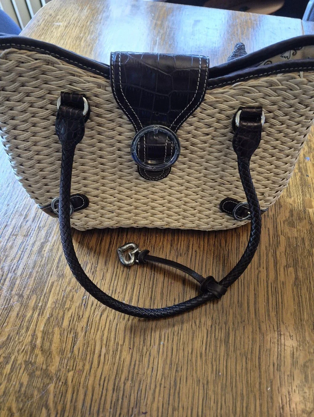 BRIGHTON woven Straw Tote Handbag with Dark Brown Croc-Trim